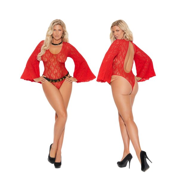 Elegant Moments Other - 🔥 NEW Plus Size Red Lace Teddy with Bell Sleeves Keyhole Back